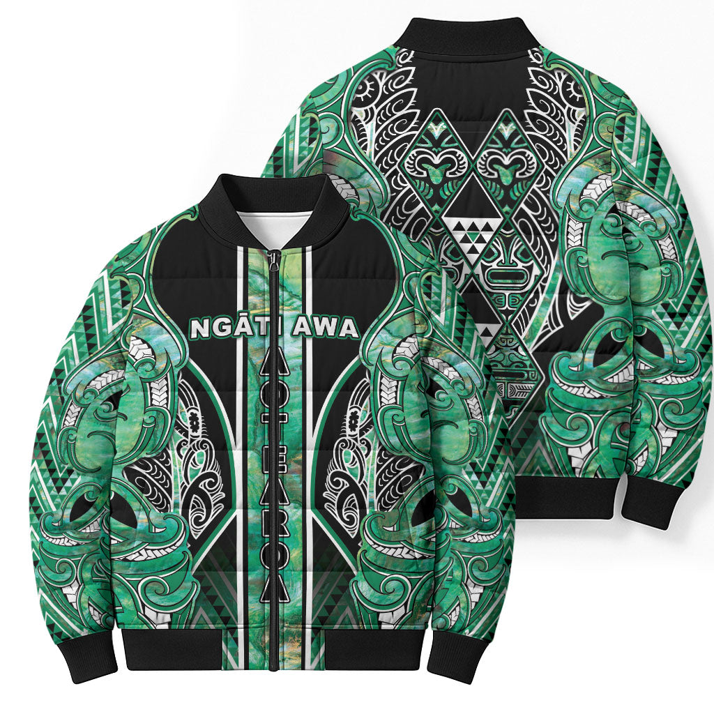 Aotearoa Ngati Awa Bomber Puffer Jacket Maori Tribal Green Marble Paua Shell Pattern