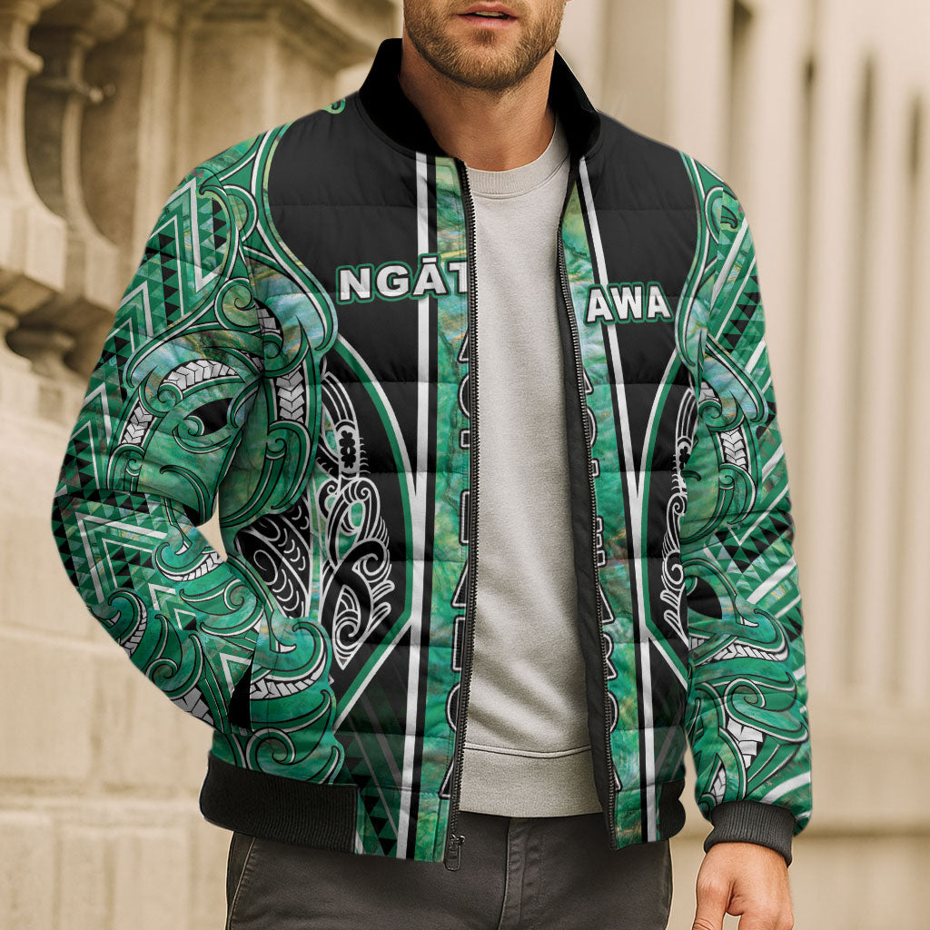 Aotearoa Ngati Awa Bomber Puffer Jacket Maori Tribal Green Marble Paua Shell Pattern