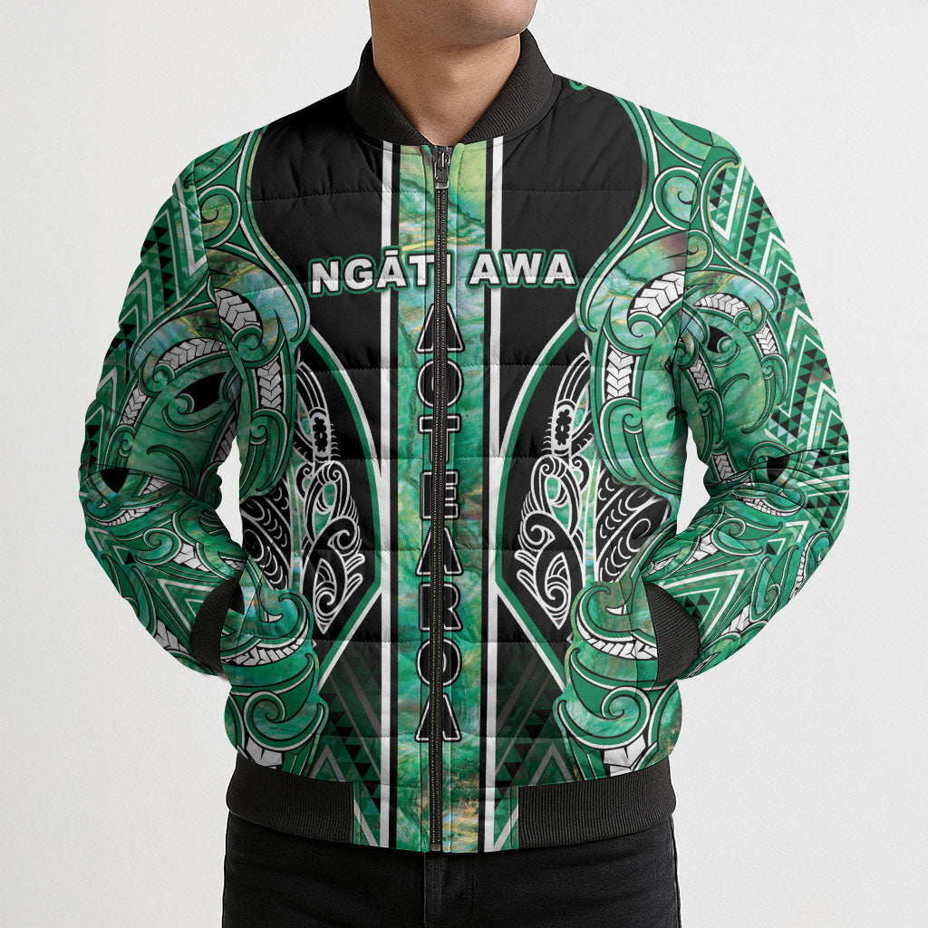 Aotearoa Ngati Awa Bomber Puffer Jacket Maori Tribal Green Marble Paua Shell Pattern