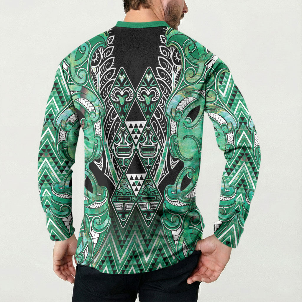 Aotearoa Ngati Awa Button Sweatshirt Maori Tribal Green Marble Paua Shell Pattern