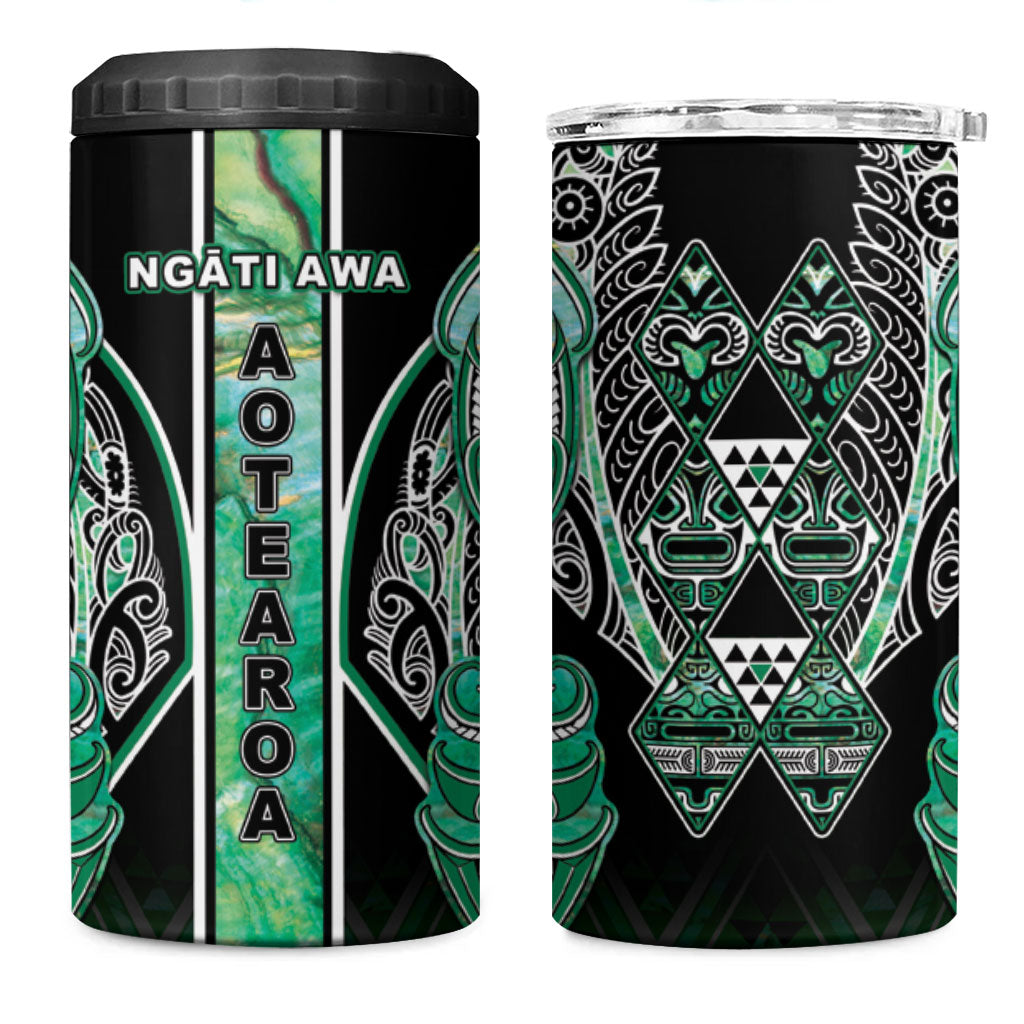 Aotearoa Ngati Awa 4 in 1 Can Cooler Tumbler Maori Tribal Green Marble Paua Shell Pattern