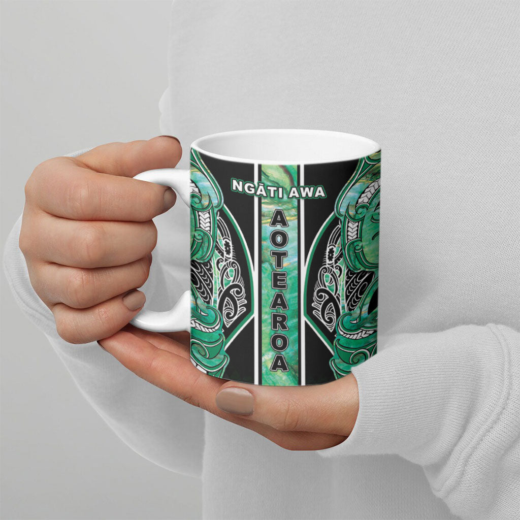 Aotearoa Ngati Awa Ceramic Mug Maori Tribal Green Marble Paua Shell Pattern