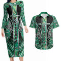 Aotearoa Ngati Awa Couples Matching Long Sleeve Bodycon Dress and Hawaiian Shirt Maori Tribal Green Marble Paua Shell Pattern