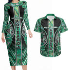 Aotearoa Ngati Awa Couples Matching Long Sleeve Bodycon Dress and Hawaiian Shirt Maori Tribal Green Marble Paua Shell Pattern