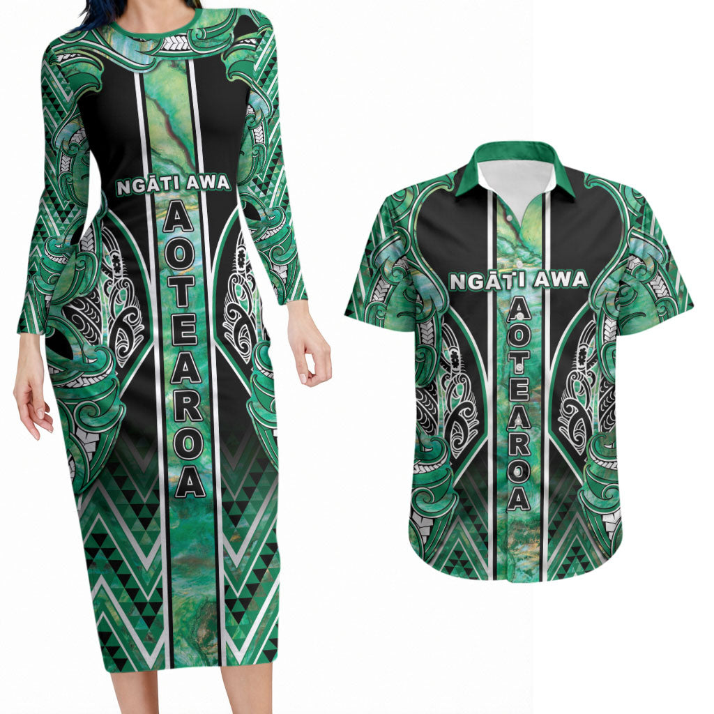 Aotearoa Ngati Awa Couples Matching Long Sleeve Bodycon Dress and Hawaiian Shirt Maori Tribal Green Marble Paua Shell Pattern