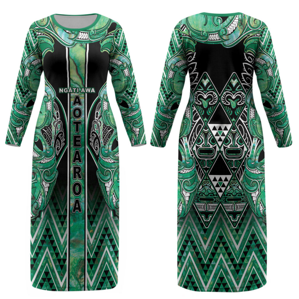 Aotearoa Ngati Awa Couples Matching Long Sleeve Bodycon Dress and Hawaiian Shirt Maori Tribal Green Marble Paua Shell Pattern