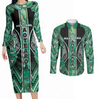 Aotearoa Ngati Awa Couples Matching Long Sleeve Bodycon Dress and Long Sleeve Button Shirt Maori Tribal Green Marble Paua Shell Pattern