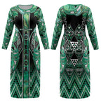 Aotearoa Ngati Awa Couples Matching Long Sleeve Bodycon Dress and Long Sleeve Button Shirt Maori Tribal Green Marble Paua Shell Pattern