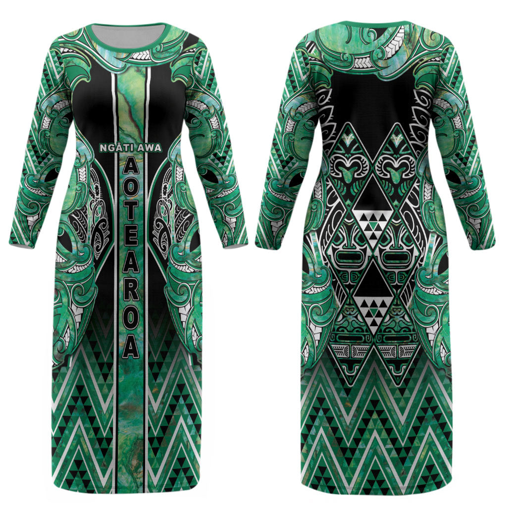 Aotearoa Ngati Awa Couples Matching Long Sleeve Bodycon Dress and Long Sleeve Button Shirt Maori Tribal Green Marble Paua Shell Pattern