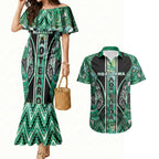 Aotearoa Ngati Awa Couples Matching Mermaid Dress and Hawaiian Shirt Maori Tribal Green Marble Paua Shell Pattern