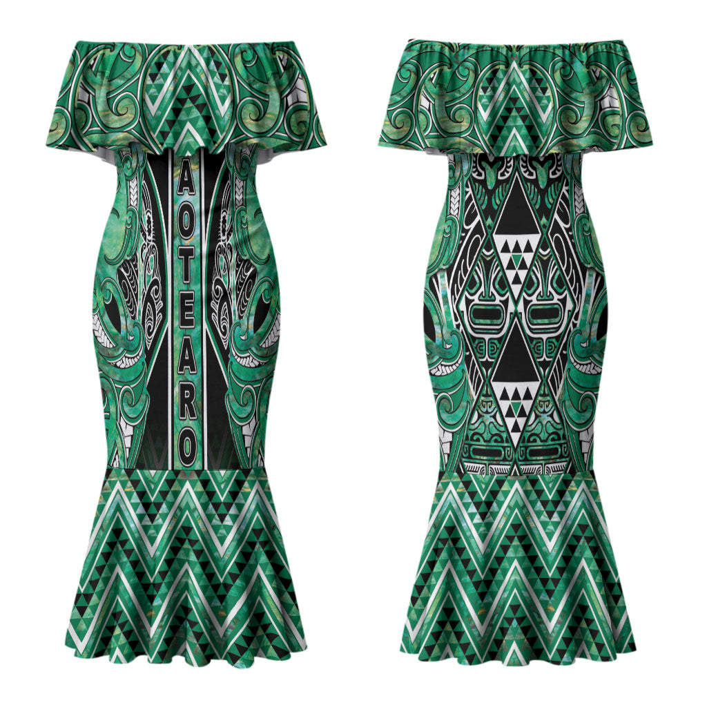 Aotearoa Ngati Awa Couples Matching Mermaid Dress and Hawaiian Shirt Maori Tribal Green Marble Paua Shell Pattern
