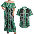 Aotearoa Ngati Awa Couples Matching Off Shoulder Maxi Dress and Hawaiian Shirt Maori Tribal Green Marble Paua Shell Pattern
