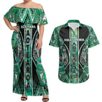 Aotearoa Ngati Awa Couples Matching Off Shoulder Maxi Dress and Hawaiian Shirt Maori Tribal Green Marble Paua Shell Pattern