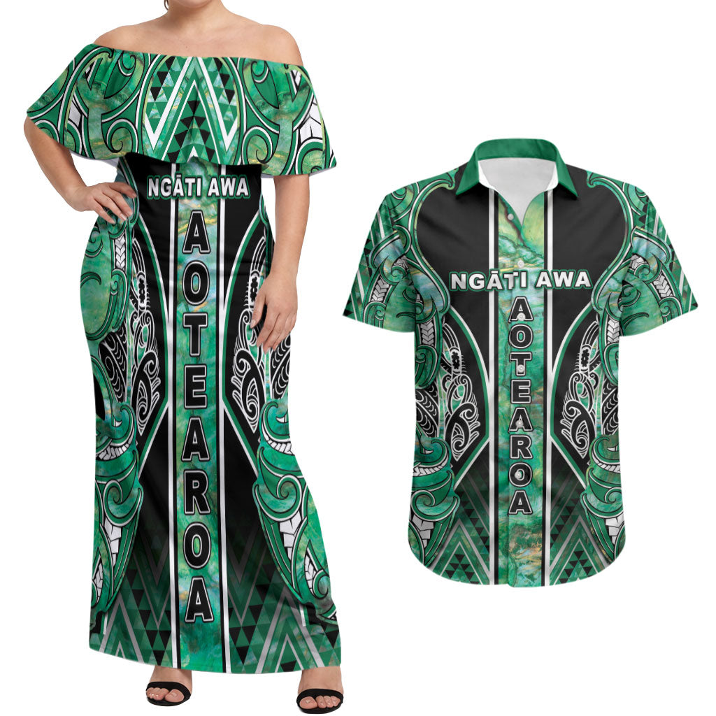 Aotearoa Ngati Awa Couples Matching Off Shoulder Maxi Dress and Hawaiian Shirt Maori Tribal Green Marble Paua Shell Pattern
