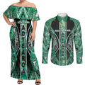 Aotearoa Ngati Awa Couples Matching Off Shoulder Maxi Dress and Long Sleeve Button Shirt Maori Tribal Green Marble Paua Shell Pattern