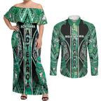 Aotearoa Ngati Awa Couples Matching Off Shoulder Maxi Dress and Long Sleeve Button Shirt Maori Tribal Green Marble Paua Shell Pattern