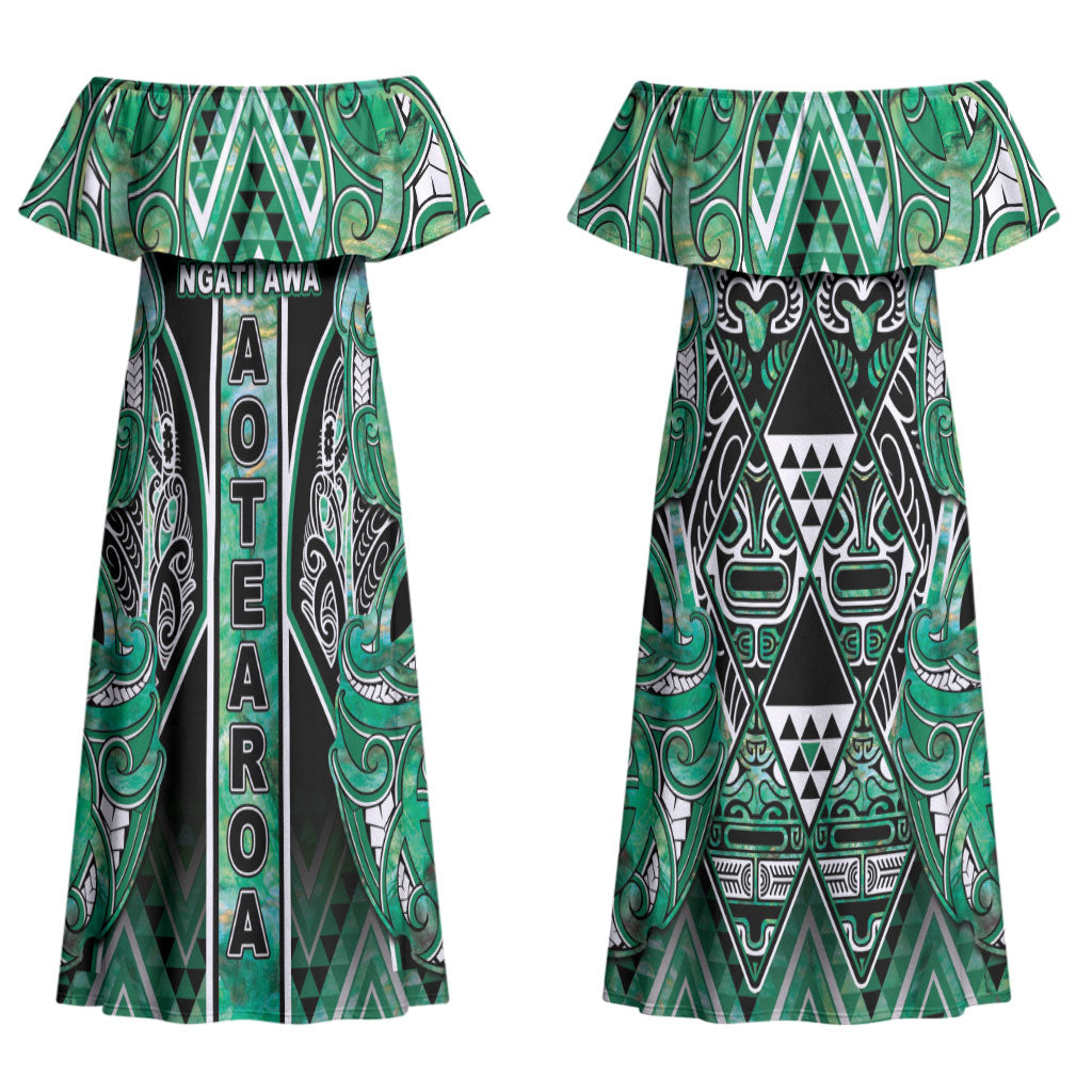 Aotearoa Ngati Awa Couples Matching Off Shoulder Maxi Dress and Long Sleeve Button Shirt Maori Tribal Green Marble Paua Shell Pattern