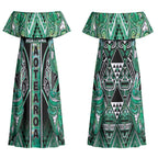 Aotearoa Ngati Awa Couples Matching Off Shoulder Maxi Dress and Long Sleeve Button Shirt Maori Tribal Green Marble Paua Shell Pattern