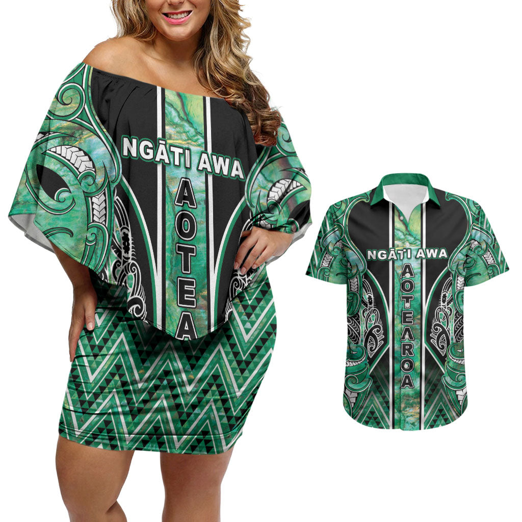 Aotearoa Ngati Awa Couples Matching Off Shoulder Short Dress and Hawaiian Shirt Maori Tribal Green Marble Paua Shell Pattern