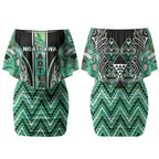 Aotearoa Ngati Awa Couples Matching Off Shoulder Short Dress and Long Sleeve Button Shirt Maori Tribal Green Marble Paua Shell Pattern