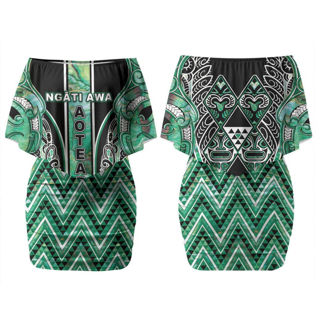 Aotearoa Ngati Awa Couples Matching Off Shoulder Short Dress and Long Sleeve Button Shirt Maori Tribal Green Marble Paua Shell Pattern