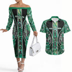 Aotearoa Ngati Awa Couples Matching Off The Shoulder Long Sleeve Dress and Hawaiian Shirt Maori Tribal Green Marble Paua Shell Pattern