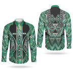 Aotearoa Ngati Awa Couples Matching Off The Shoulder Long Sleeve Dress and Long Sleeve Button Shirt Maori Tribal Green Marble Paua Shell Pattern