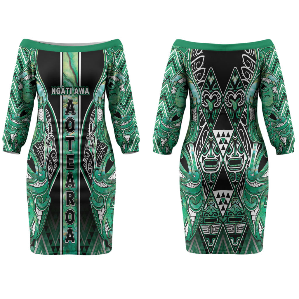 Aotearoa Ngati Awa Couples Matching Off The Shoulder Long Sleeve Dress and Long Sleeve Button Shirt Maori Tribal Green Marble Paua Shell Pattern