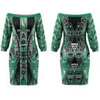 Aotearoa Ngati Awa Couples Matching Off The Shoulder Long Sleeve Dress and Long Sleeve Button Shirt Maori Tribal Green Marble Paua Shell Pattern