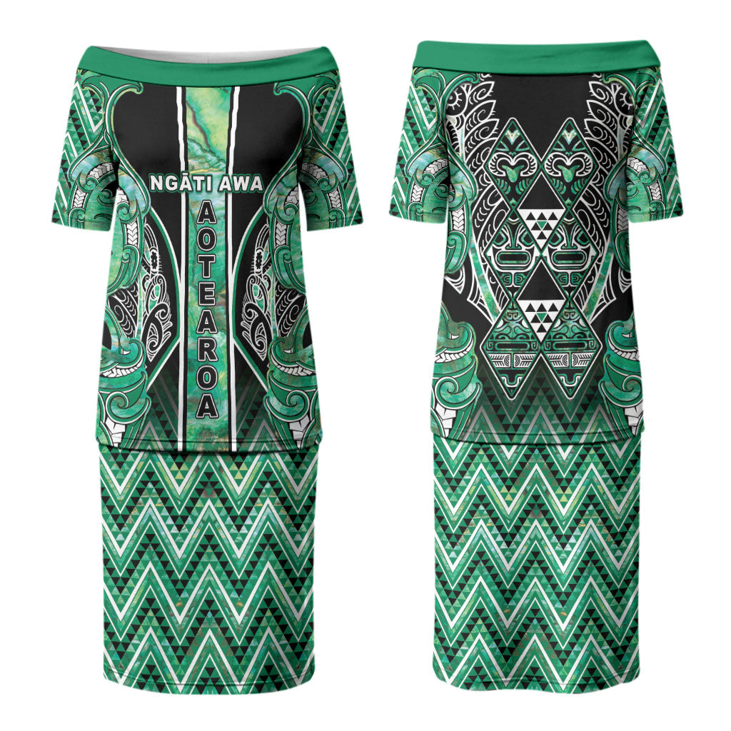 Aotearoa Ngati Awa Couples Matching Puletasi and Long Sleeve Button Shirt Maori Tribal Green Marble Paua Shell Pattern