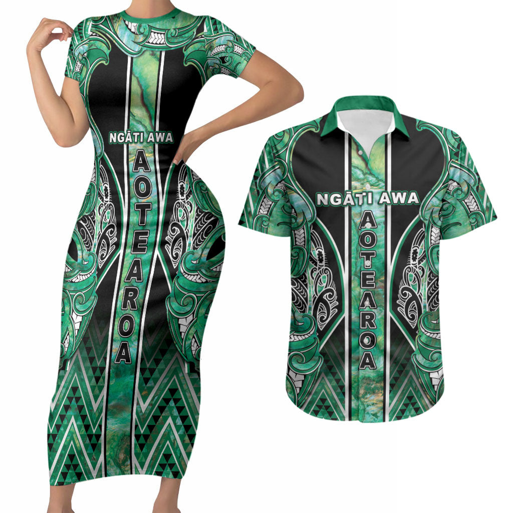 Aotearoa Ngati Awa Couples Matching Short Sleeve Bodycon Dress and Hawaiian Shirt Maori Tribal Green Marble Paua Shell Pattern