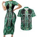 Aotearoa Ngati Awa Couples Matching Short Sleeve Bodycon Dress and Hawaiian Shirt Maori Tribal Green Marble Paua Shell Pattern