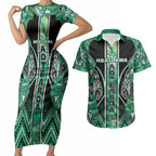 Aotearoa Ngati Awa Couples Matching Short Sleeve Bodycon Dress and Hawaiian Shirt Maori Tribal Green Marble Paua Shell Pattern