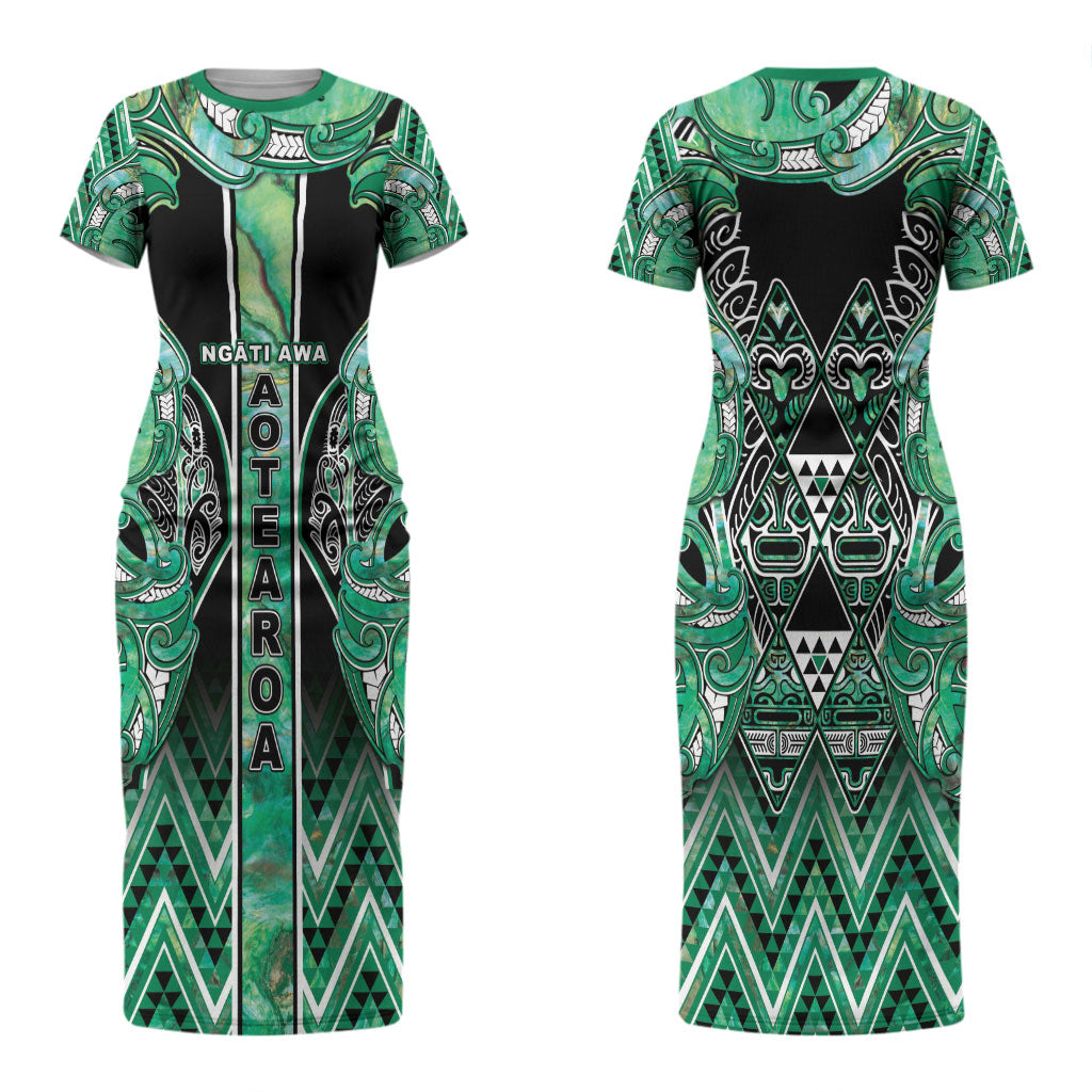 Aotearoa Ngati Awa Couples Matching Short Sleeve Bodycon Dress and Hawaiian Shirt Maori Tribal Green Marble Paua Shell Pattern