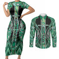 Aotearoa Ngati Awa Couples Matching Short Sleeve Bodycon Dress and Long Sleeve Button Shirt Maori Tribal Green Marble Paua Shell Pattern