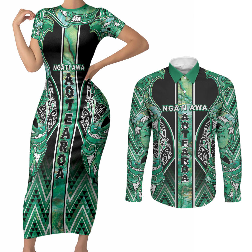 Aotearoa Ngati Awa Couples Matching Short Sleeve Bodycon Dress and Long Sleeve Button Shirt Maori Tribal Green Marble Paua Shell Pattern