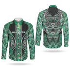 Aotearoa Ngati Awa Couples Matching Short Sleeve Bodycon Dress and Long Sleeve Button Shirt Maori Tribal Green Marble Paua Shell Pattern