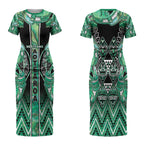 Aotearoa Ngati Awa Couples Matching Short Sleeve Bodycon Dress and Long Sleeve Button Shirt Maori Tribal Green Marble Paua Shell Pattern