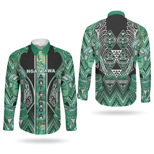 Aotearoa Ngati Awa Couples Matching Summer Maxi Dress and Long Sleeve Button Shirt Maori Tribal Green Marble Paua Shell Pattern