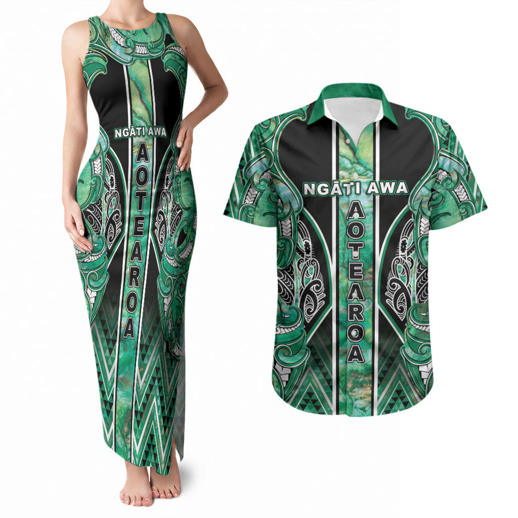 Aotearoa Ngati Awa Couples Matching Tank Maxi Dress and Hawaiian Shirt Maori Tribal Green Marble Paua Shell Pattern