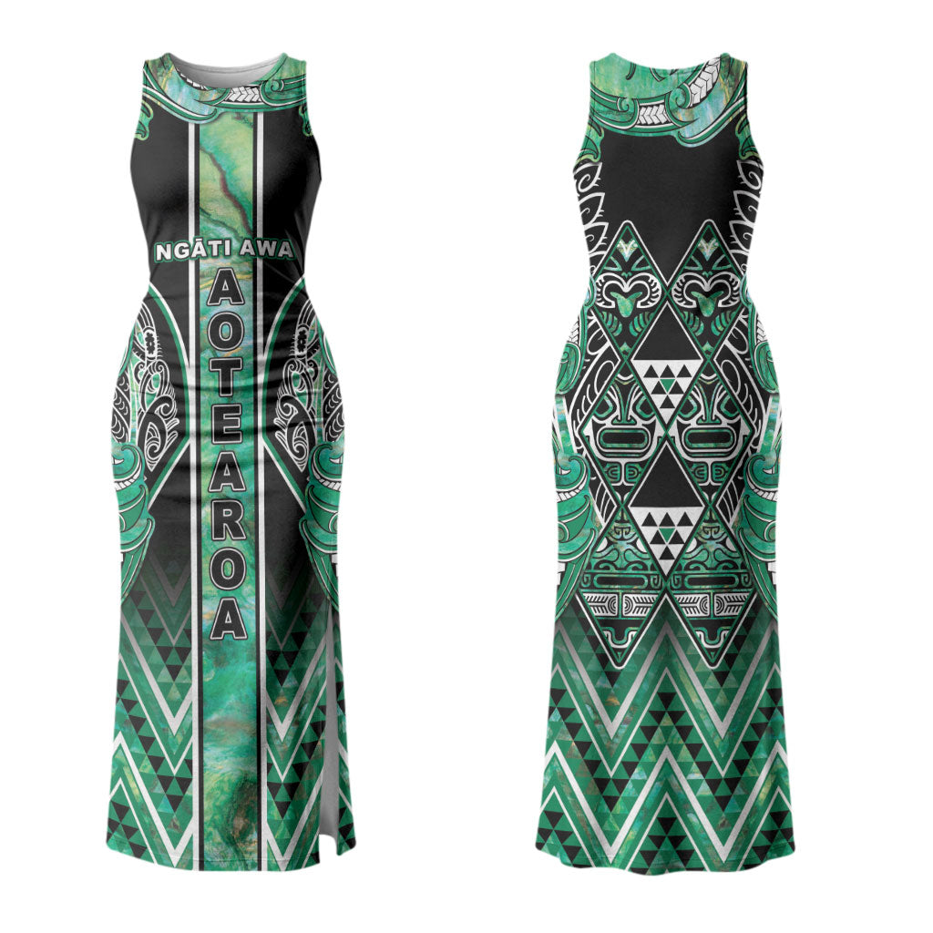 Aotearoa Ngati Awa Couples Matching Tank Maxi Dress and Hawaiian Shirt Maori Tribal Green Marble Paua Shell Pattern