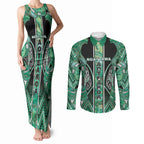 Aotearoa Ngati Awa Couples Matching Tank Maxi Dress and Long Sleeve Button Shirt Maori Tribal Green Marble Paua Shell Pattern