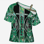Aotearoa Ngati Awa Cross Shoulder Shirt Maori Tribal Green Marble Paua Shell Pattern