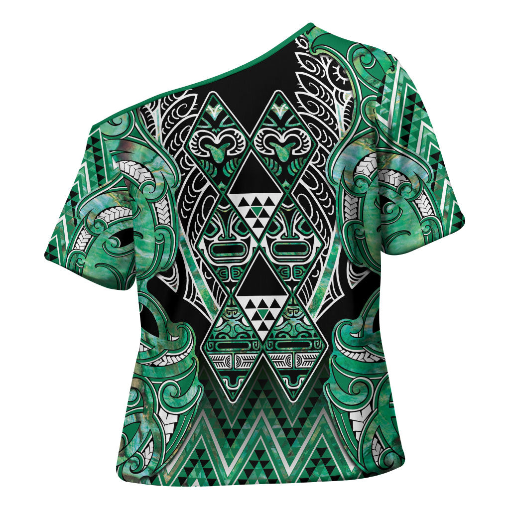 Aotearoa Ngati Awa Cross Shoulder Shirt Maori Tribal Green Marble Paua Shell Pattern