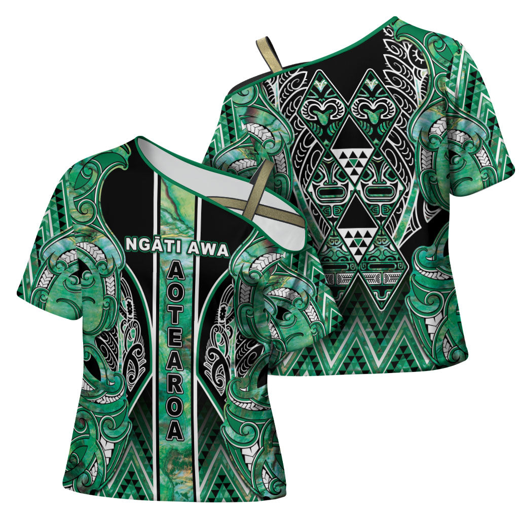 Aotearoa Ngati Awa Cross Shoulder Shirt Maori Tribal Green Marble Paua Shell Pattern