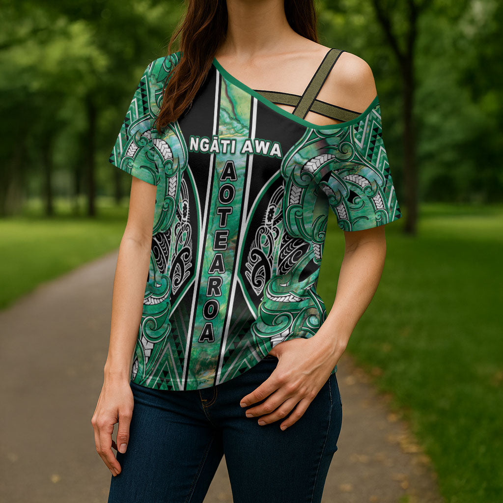 Aotearoa Ngati Awa Cross Shoulder Shirt Maori Tribal Green Marble Paua Shell Pattern