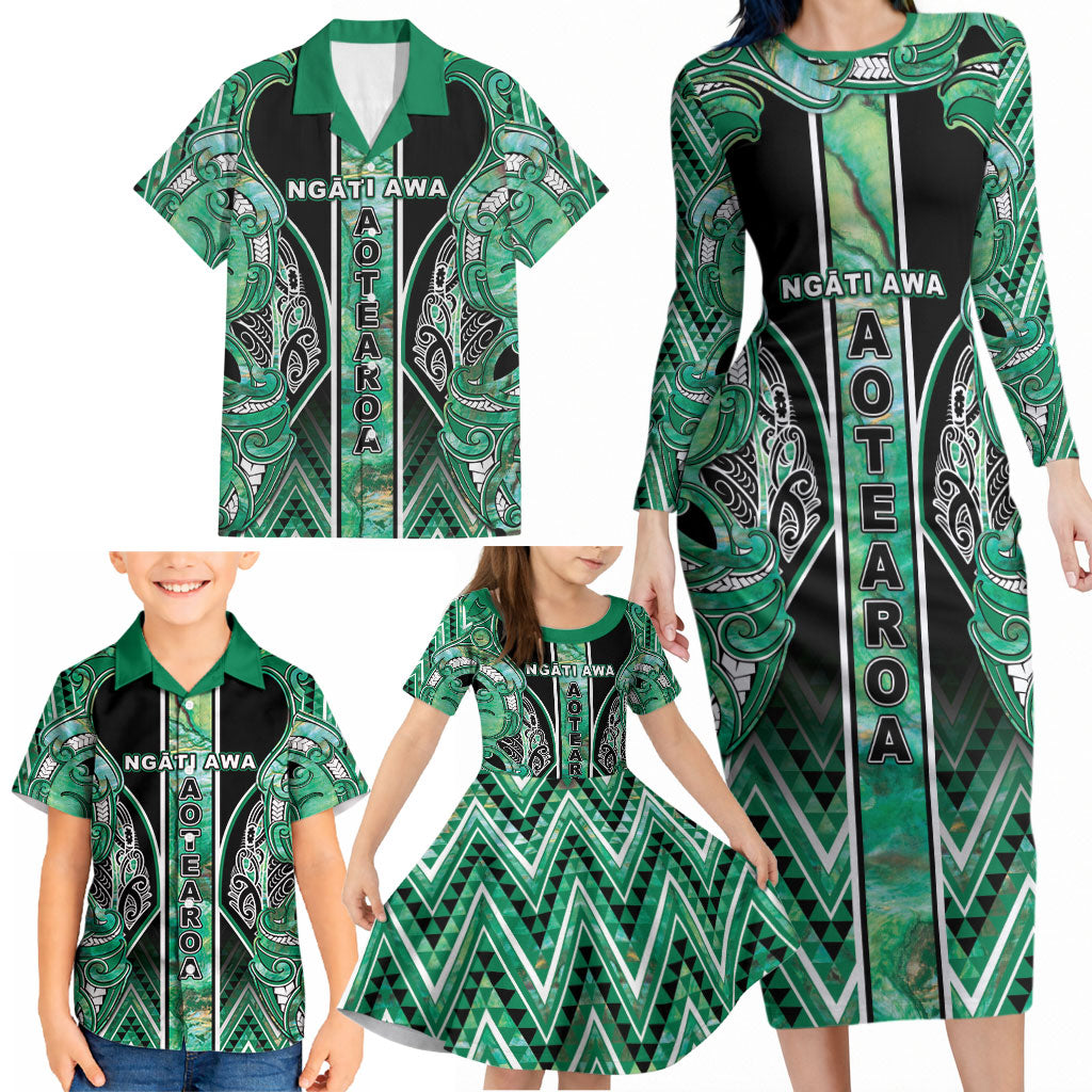 Aotearoa Ngati Awa Family Matching Long Sleeve Bodycon Dress and Hawaiian Shirt Maori Tribal Green Marble Paua Shell Pattern