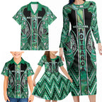 Aotearoa Ngati Awa Family Matching Long Sleeve Bodycon Dress and Hawaiian Shirt Maori Tribal Green Marble Paua Shell Pattern