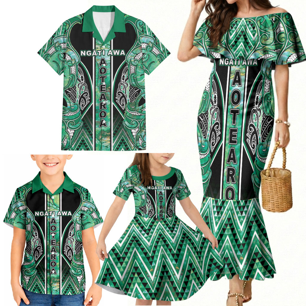 Aotearoa Ngati Awa Family Matching Mermaid Dress and Hawaiian Shirt Maori Tribal Green Marble Paua Shell Pattern