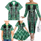 Aotearoa Ngati Awa Family Matching Off The Shoulder Long Sleeve Dress and Hawaiian Shirt Maori Tribal Green Marble Paua Shell Pattern